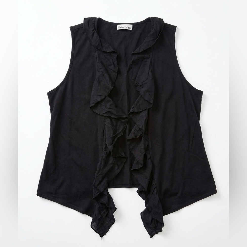 Vintage Erin Paige Black Ruffled Vest Cotton Medium Whimsigoth Lagenlook Boho